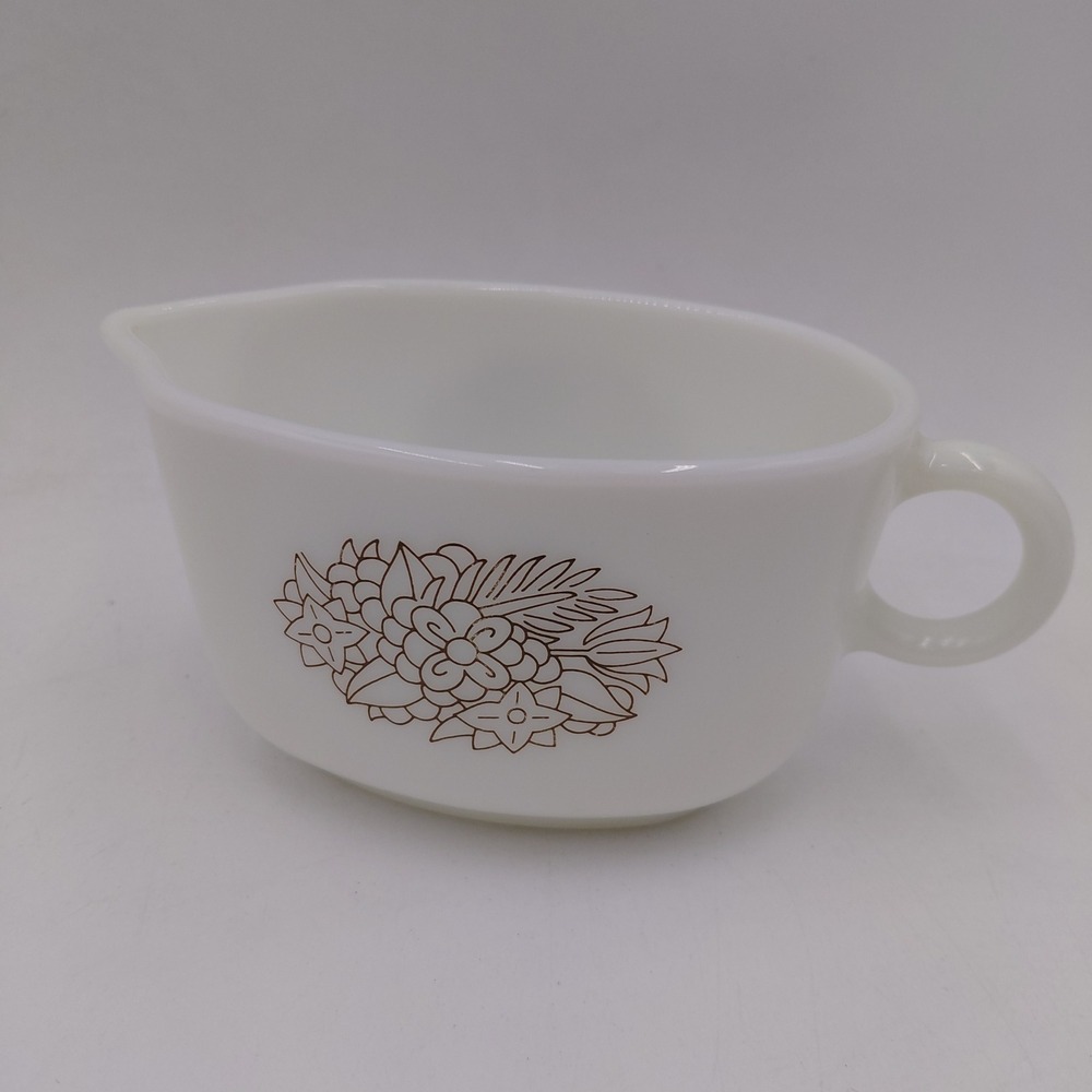 Vtg Pyrex Woodland Milk Glass Creamer Brown Floral 77-B Corning USA Gravy Boat